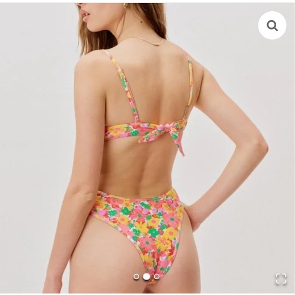 NWT For Love & Lemons‎ XS Floral Zinnia Print Tie Back One Piece Swimsuit Cheeky - Picture 2 of 11